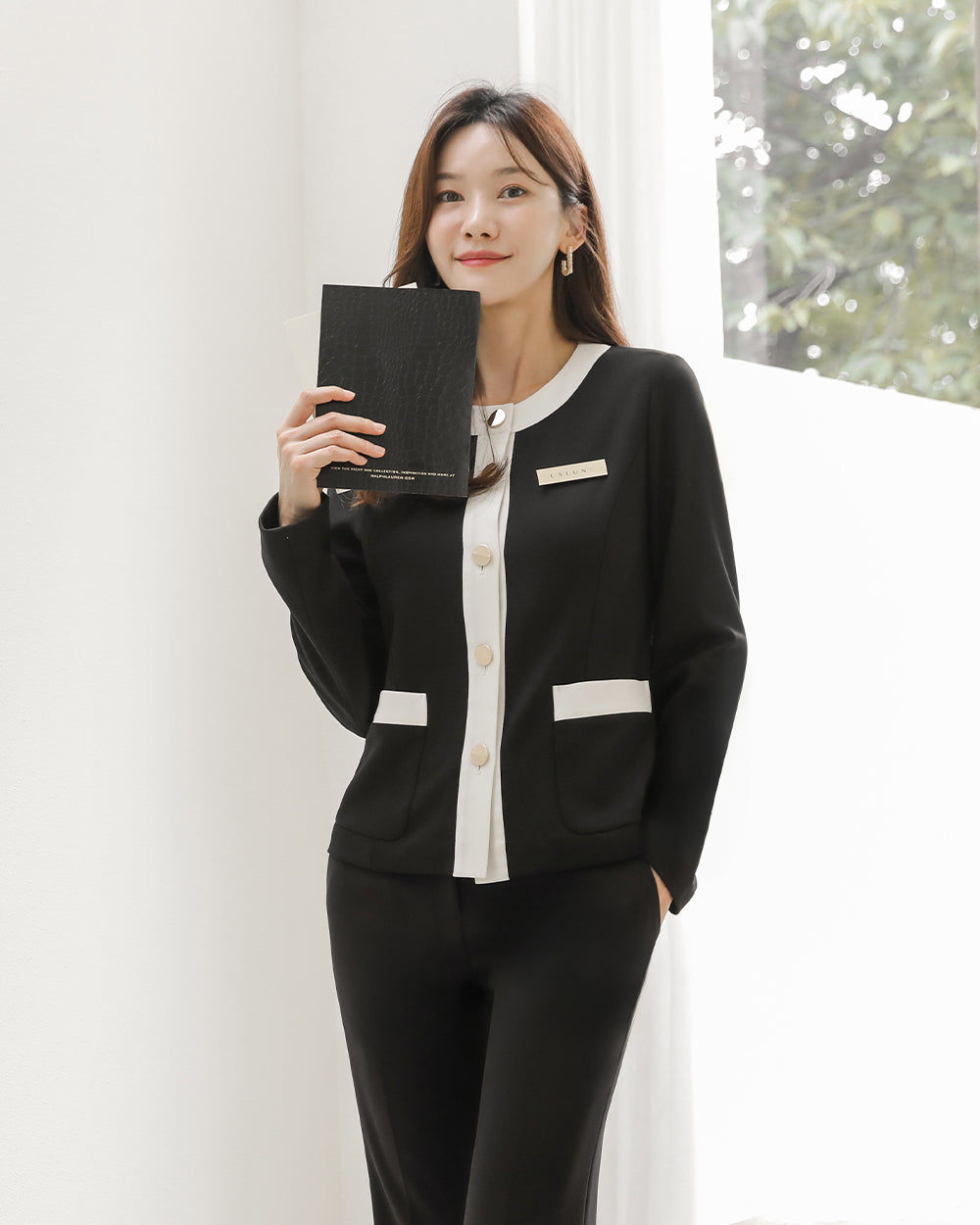美容サロン制服Ronde long sleeve BLACK前面