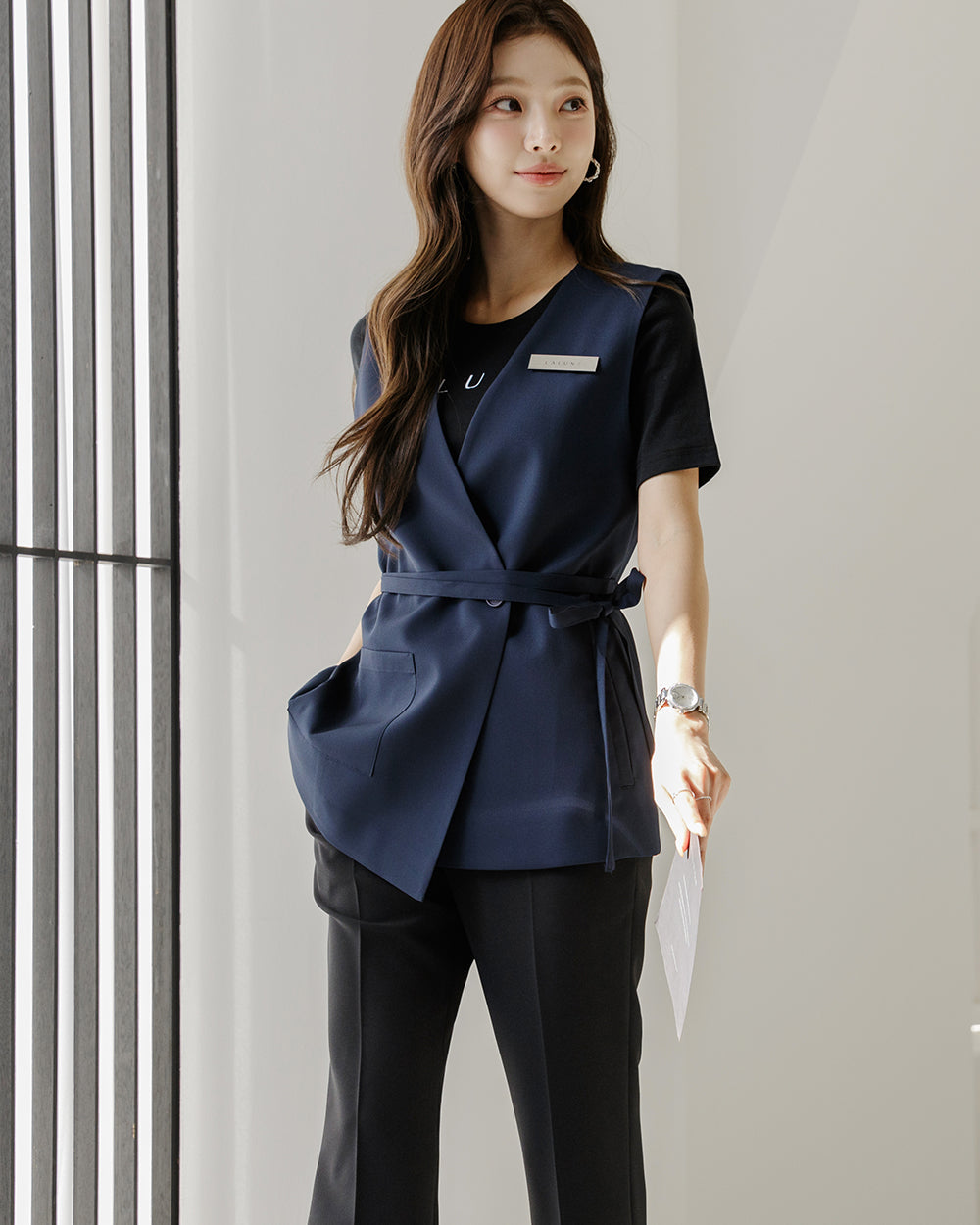 美容サロン制服Tessi vest NAVYディテール, 全身, フロント